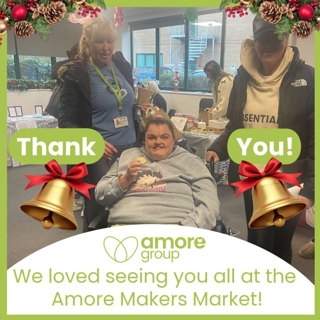 Added text reading "Thank you!" and "We loved seeing you all at the Amore Makers Market" sits on top of an image of the market and the stalls within it, with one of our clients in the centre.